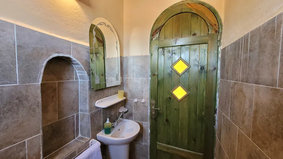 A bathroom with a painted wooden door · Standard