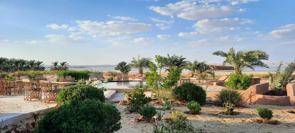 Palm trees and the lodge garden with the lake in the background