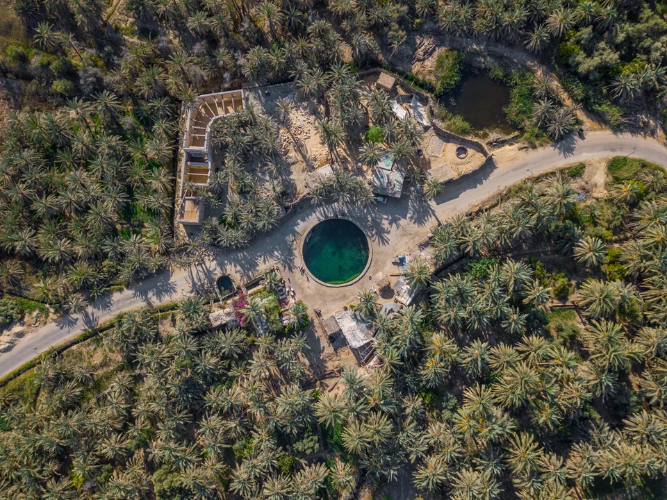 Aerial view of Cleopatra Spring, a round stone-lined pool surrounded by palms.